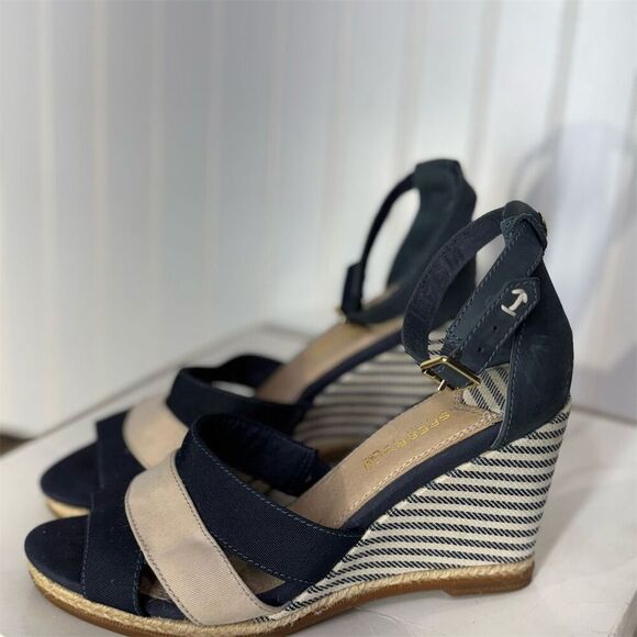 Sperry Top-Sider 9.5 Navy Tan Espadrille Wedge Sandals Striped Nautical Summer - Picture 1 of 6